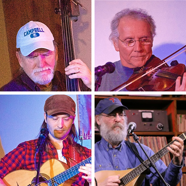 The Susquehanna All-Stars: clockwise from top left, they are Bruce Campbell on bass, Ken Gehret on fiddle, Henry Koretzky on mandolin, and Kevin Neidig on guitar.