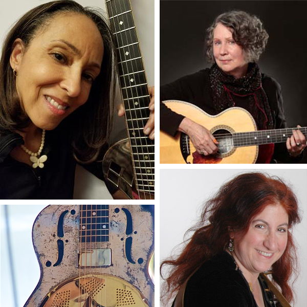 Montage of our three artists: Valerie Turner at upper left, Mary Flower at upper right, Suzy Thompson at lower right, and a dobro guitar at lower left