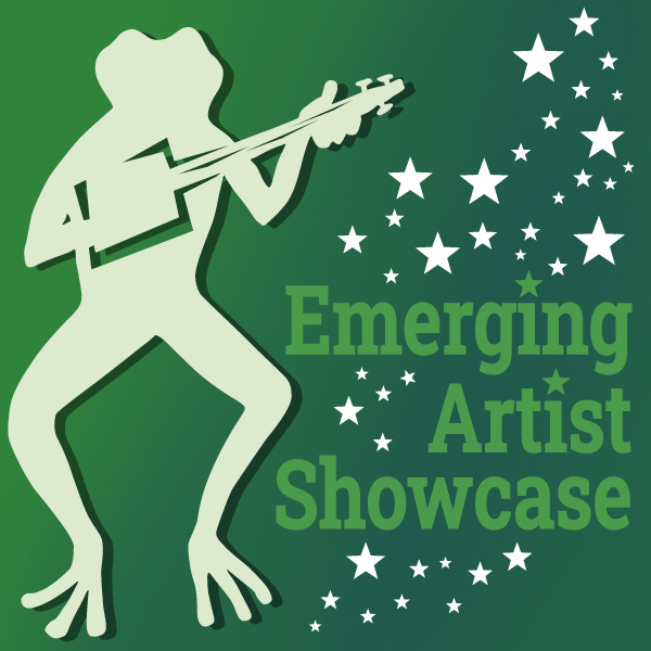 Decorative image of our fiddling festival frog, a black silhouette against a green background, with the words 'Emerging Artist Showcase' in teal at bottom right and numerous white stars of various sizes