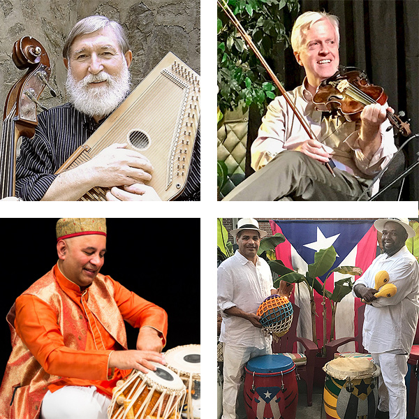 Clockwise from upper left: Neal Walters with autoharp, Brian Conway with fiddle, Beth Folkemer without an instrument, Samir Chatterjee with tablas