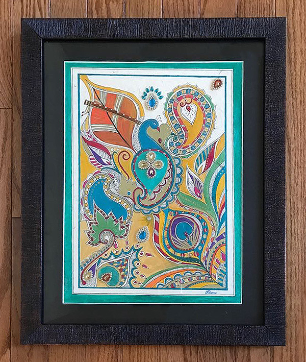 Paisley abstract artwork with a peacock in the middle