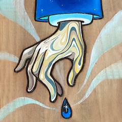 Aron Rook’s illustration of a stylized hand reaching down to release a large blue droplet