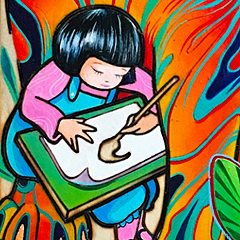 Aron Rook’s illustration of a little girl painting on a pad of paper held in her lap