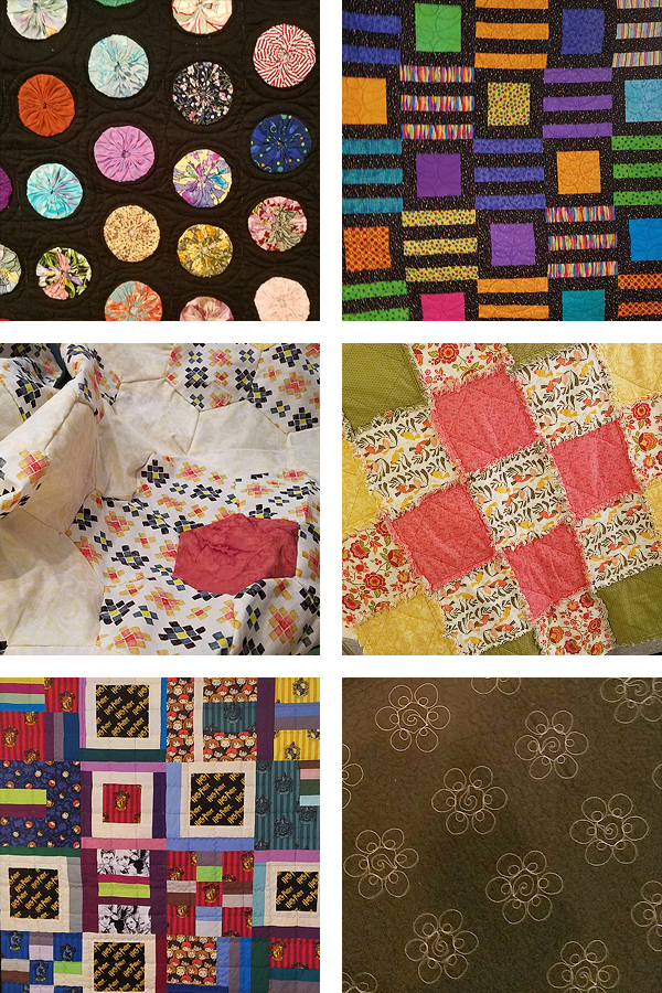 Six different quilts show a variety of different styles. Clockwise from top right: (1) A bold geometric pattern of strips and squares of black and vivid primary colors. (2) A simple nine-patch of calico alternating with olive, mustard and raspberry-colored solids; the edges of the squares are fringed. (3) A dark solid background with geometric embroidered flowers. (4) A variety of quilt squares sewn together with no framing between them; the fabric prints are Harry Potter themed. (5) A closeup of Grandmother’s Garden in calico and white muslin. (6) A yoyo quilt with brightly colored calico circles on a black background.