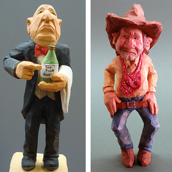 Two wood-carvings, each of a man. At left is a butler wearing a tuxedo and red bow tie, with a white towel over one arm. He is holding a wine bottle in one hand and pointing to its label with the other hand. The label says ‘Two Buck Chuck’, a reference to a bargain brand of wine. The butler is frowning in a disparaging way. At right is a cowboy wearing a ten-gallon hat, boots, bluejeans, a gun belt, and a tan shirt with a red calico bandanna around his neck. He is unshaven, hands on his hips, and is cutting his eyes to the right with a suspicious expression.