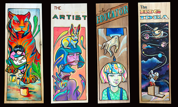A four-panel illustration by Aron Rook. The first of the panels shows a little Asian girl sitting between the paws of a huge stylized tiger, making a painting. The second is titled ‘The Artist’ and shows a conceptualized woman with hair like a helmet, with a paintbrush in her teeth, a rabbit on her head, and a second rabbit crowling out of her hollow shoulder. The third is titled ‘The Educator’ and shows a large hand reaching down to place a water-drop into the head of a little girl with rainbow-swirled hair. The fourth panel is titled ‘The Big Idea’ and shows an astronaut standing on a box, holding a cable that appears to have planets strung on it like beads.