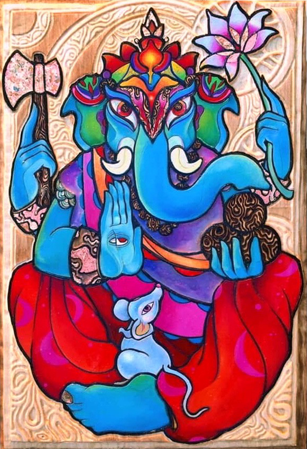An illustration inspired by the art of India. A turquoise elephant sits cross-legged, with eyes that look like a dragon’s and a jewel-toned lotus head-dress. It has four human hands in various poses: one holds a pink floral hatchet upright; one holds a pink-and-blue flower on a long stem; one holds three patterned balls; one faces palm-out, with an open eye in the center of its palm. The elephant is wearing red silk pants with purple crescent moons. A large mouse sits on the elephant’s foot, gazing up at its face.