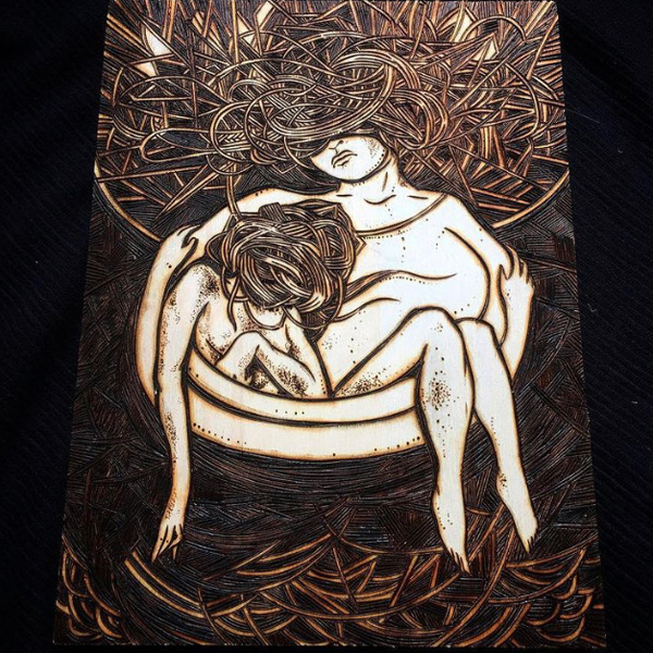 A black-and-white work inspired by historic woodcut illustrations. It depicts two people in a bowl, perhaps a coracle boat. Both faces are mostly hidden by large quantities of fanciful hair that recalls basketweaving, Celtic knots, or a crown of thorns. One of the figures seems to be a slender woman drooping with exhaustion; the other might be a larger-figured person, or perhaps even part of the boat, since it almost seems to hold the slender woman in its arms.