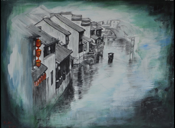 This painting shows a row of two-story houses built right at the edge of a canal. The closest house has several red Chinese lanterns hanging from the eaves, which is the only bright color; the rest of the painting is in shades of gray.