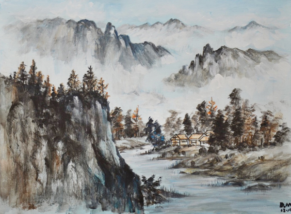 This painting shows a river flowing through a mountainous area, with a small house nestled close to the river amongst a grove of evergreen trees. The mountains in the background are shrouded in mist.