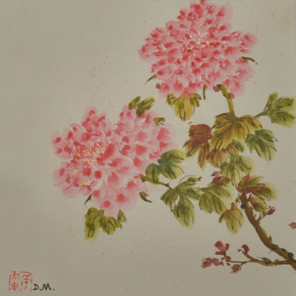 Two pink peony flowers, each at the end of a leafy branch. Each flower has dozens of tiny petals, each dark pink at the center fading to pale pink at the edges. The stems are knobby and brownish; the leaves are multi-lobed and done in shades of green with darker veins.