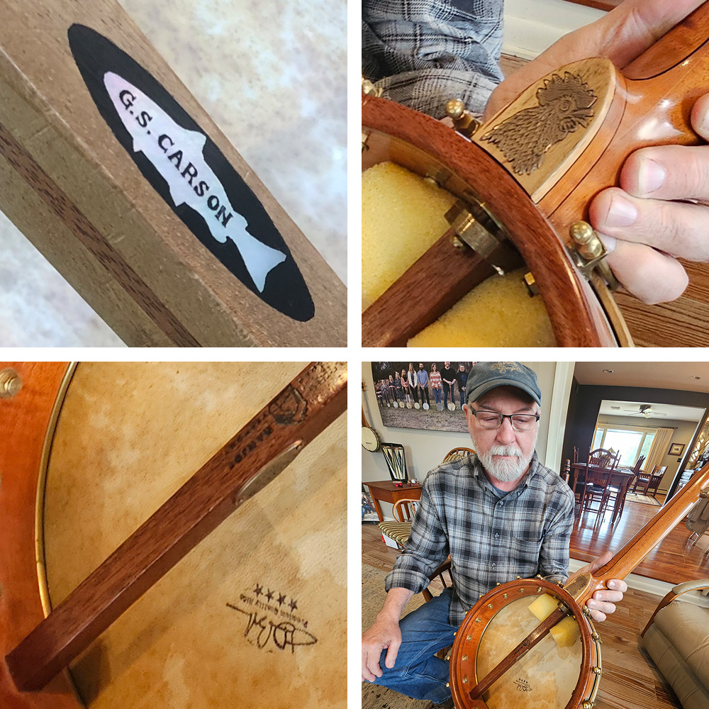 LOWER RIGHT: Glenn holds up an open-back banjo to show the details of the back. UPPER RIGHT is a copper inlay of a crowing rooster’s head. LOWER LEFT shows Will’s name and logo stamped into the wood dowel that connects the fretboard to the far side of the rim. On the side of the dowel is an oval metal plate with Glenn’s maker’s mark. That mark is shown in detail at UPPER RIGHT: a long black oval with a detailed white silhouette of a fish and G.S. CARSON in black capital letters.