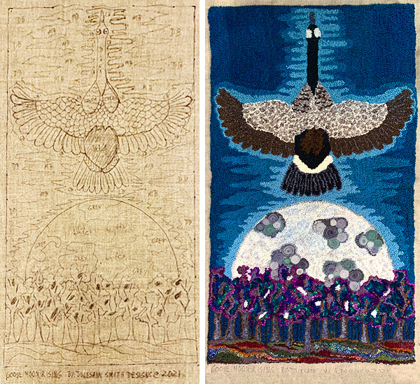 Goose Moon Rising shows a Canada goose in flight, seen from the top with outstretched neck reaching up to the top of the rug and wings stretching out to both side edges. Below the goose is a huge grayish-white moon rising from a line of trees done in jewel tones of purple, teal and blue. The moon has ‘craters’ of darker gray and green. The goose’s back, wings and tail are shaded and detailed with appropriate colors. The background is an evening sky, light blue near the goose and fading to darker blue near the edges of the rug. All of these details are sketched into the design. The finished rug is almost 3 feet wide by six feet tall.