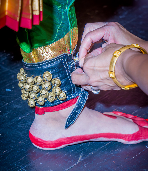 A close-up of the bells worn for Bharatanatyam dance, being fastened onto Rachita’s daughter’s ankle to complete her costume.  These are a three-inch-wide band of blue leather, with about 40 half-inch-diameter jingle-bells sewn on.  Rachita’s hands are buckling the thin straps that hold the band around her daughter’s ankle.  The girl’s foot has red paint on the toes and around the edge of the foot, and she’s wearing a silken garment of many colors.