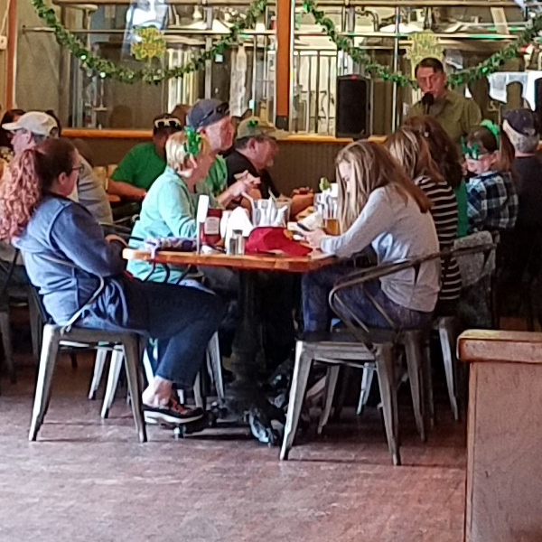 Seamus Carmichael sings a song at a St Patrick’s Day pub gathering.  He’s standing at the back of a brewpub, with vats and pipes behind him.  Eight other people are sitting at his table; two of them are wearing green hair ornaments.