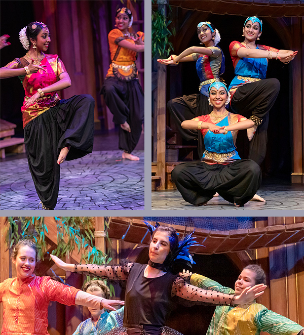 A montage of still photos from the Panchatantra Tales production, showing dancers in colorful costumes. At upper left, two teenage girls perform a traditional Indian dance, posed with their arms held gracefully in front of them and one foot raised. At upper right, three teen girls strike a different traditonal pose, one girl crouched in front of two others standing behind her. Across the bottom are four dancers in varied costumes. In contrast to the upper photos where the girls appear to be of Asian Indian descent, these girls appear to be of European descent. The one in front is wearing a black dress with lace sleeves and blue feathers on her head.
