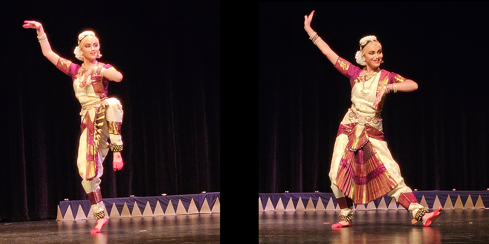 A young woman performs a classical Indian dance. She wears a silken costume of magenta and pale yellow, with bands of tiny bells around her ankles. Her posture and gestures are stylized, both graceful and exaggerated, lifting a knee in one shot, extending her foot in another.