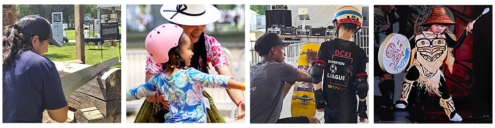 Four photos of young people presenting at the Smithsonian Folklife Festival: a young woman sawing a log to make a cabin, a woman teaching a child to skateboard, a young man showing a boy a skateboard, and a 5-year-old Native American dancer.